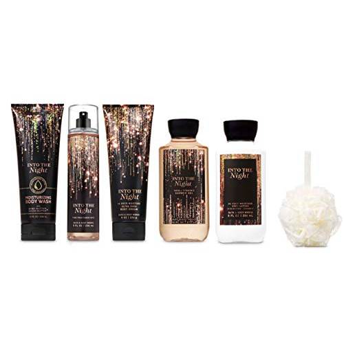 Bath and Body Works INTO THE NIGHT - PREMIUM SPA Gift Set - Body Lotion - Moisturizing Body Wash - Body Cream - Fragrance Mist and Shower Gel - Kit with cello gift wrap, ribbon, tag and Shower Sponge