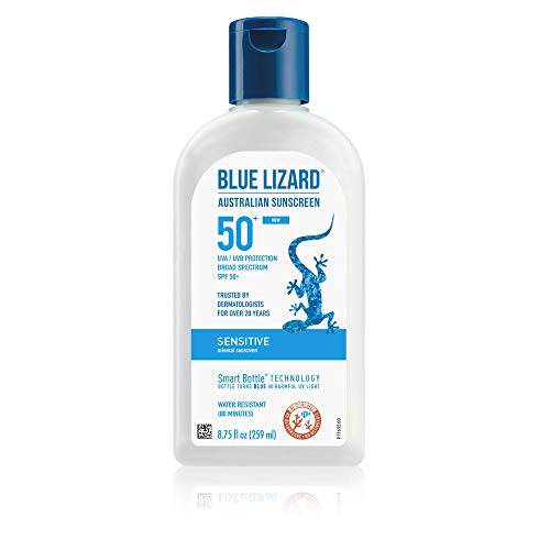 Blue Lizard Sensitive Mineral Sunscreen with Zinc Oxide, SPF 50+, Water Resistant, UVA/UVB Protection with Smart Bottle Technology - Fragrance Free, 8.75 oz.