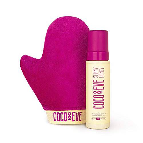 Coco & Eve Self Tanner Mousse Kit - All Natural Sunless Tanning Mousse (Dark) | Instant Self Tanning Lotion with Bronzer & Self Tanning Mitt Applicator | Sunny Honey Bali Bronzing Kit