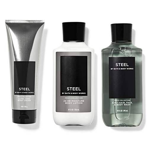 BATH AND BODY WORKS GIFT SET STEEL FOR MEN - Body Lotion - Body Wash & Body Cream - FULL SIZE