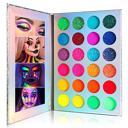 DE’LANCI Neon Eyeshadow Palette,24 Colors Highly Pigmented Fluorescent La Catrina Makeup Pallet Glow in the Dark,UV Glow Blacklight Matte and Glitter Rainbow Eye shadows for Luminous Party Beauty