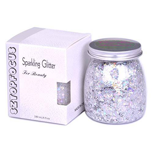 Silver Body Glitter - Holographic Chunky-Hair-Face-Glitter-Festival-Makeup, Mermaid Unicorn Costume Nail Eye Paint, Cosmetic Grade With Star Flakes, Gold, Red, Green (ASS-01)