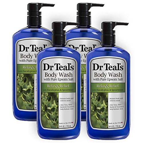 Dr. Teal’s Body Wash with Pure Epsom Salt, Relax & Relief with Eucalyptus & Spearmint, 24 fl oz (Pack of 4),