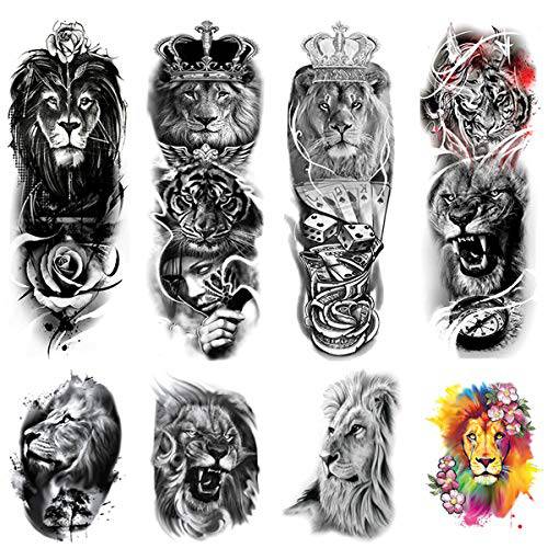 Kotbs 8 Sheets Full Arm Temporary Tattoos Sleeve and Half Arm Tattoos Temporary Stickers, Lion Animal Temporary Tattoo for Men Women Adults Fake Tattoos