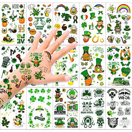 HOWAF St Patricks Day Tattoos,14 Unique Sheets, 120+ Pcs St Patricks Day Stickers, St. patrick’s Day Temporary Tattoos Shamrock, Amazing Irish St Patricks Day Decorations Party Favors