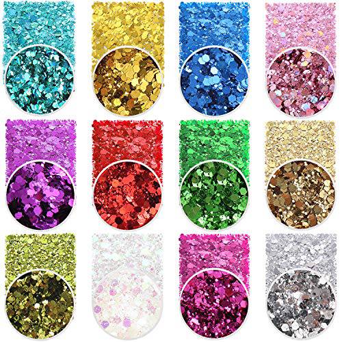 Holographic Chunky Glitter Sequins 12 Colors Mixed Laser Cosmetic Glitter for Face Body Eye Hair Nail Art Lip Gloss, Festival Glitter Makeup with Different Hexagons Size (Metallic Mix)