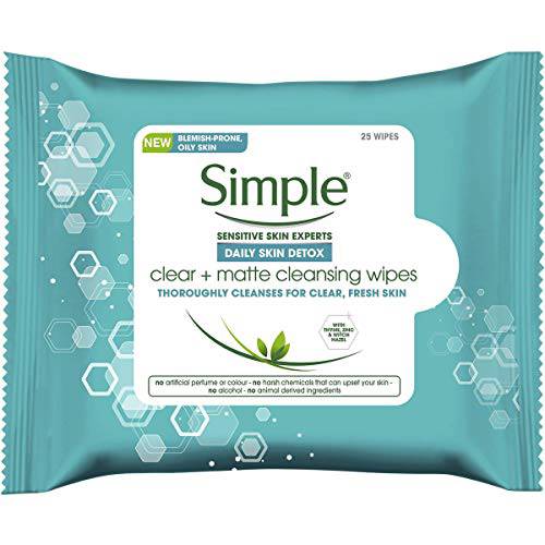 Simple Daily Skin Detox Clear + Matte Cleansing Wipes, Cleanses for Clear and Fresh Skin, 25 Count (Pack of 3)
