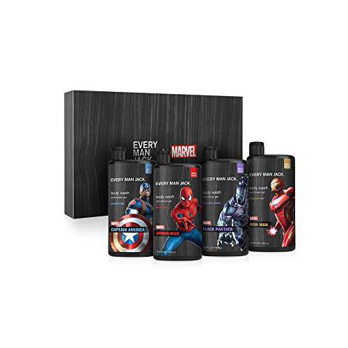 Every Man Jack Marvel Collectors Box Body Wash Gift Set - Perfect for Every Guy & Marvel-Lover - Includes Four Full-Sized Body Washes with Clean Ingredients & Incredible Scents - Marvel-Inspired Fresh Air, Winter Mint, Crimson Oak, and Wakanda Herbs Fragrances