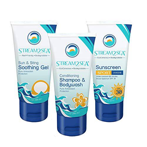 Stream2Sea SPF 30 Sport Sunscreen, Conditioning Shampoo & Body Wash, Sun & Sting Relief Aloe Vera Gel - Outdoor Natural Protection for Face, Skin & Body Gift Set - Reef Safe, Sulfate Free & Natural