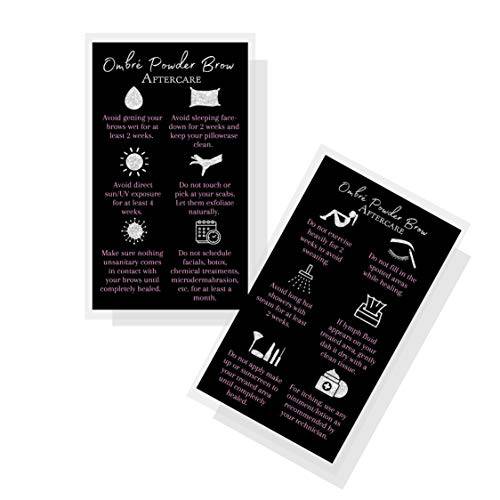 Ombre Powder Brow Aftercare Instructions Cards | Package of 50 | Size 2x3.5 inches Business Card | Black, Silver Glitter, and Light Pink Design