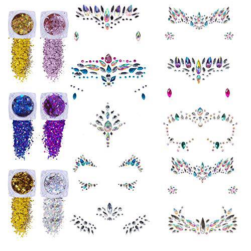 YRYM HT Face Jewels - Noctilucent Face Gems Mermaid Face Jewels Festival, Body Rhinestone Gems Rave Rainbow Face Crystals Luminous for Christmas Festival Music Carnival Party Makeup（8 Sets collection）