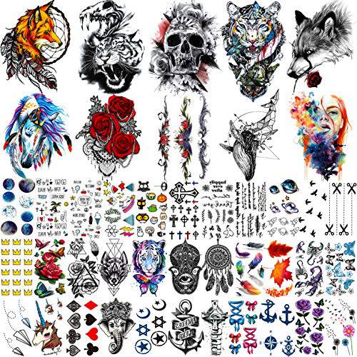 EGMBGM 53 Sheets Large Realistic Tiger Dragon Lion Owl Temporary Tattoos For Women Thigh Men Arm Adult, Half Sleeve Halloween Skull Fake Tattoo Sticker Warrior Wolf Watercolor Flower Tatoos Star Decal