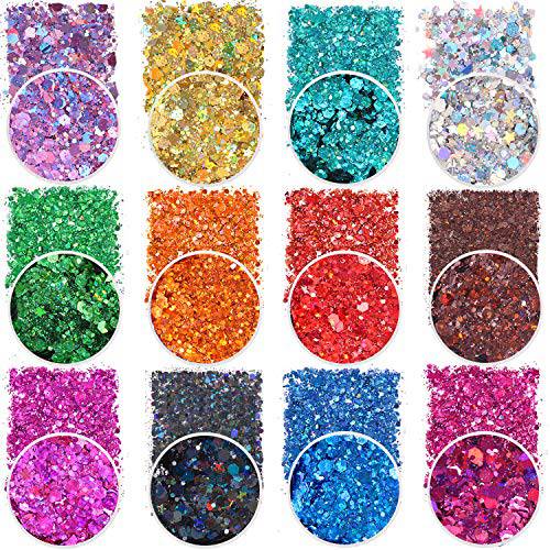 Holographic Chunky Glitter Sequins, 12 Colors Mixed Cosmetic Glitter for Face Body Eye Hair Nail Art Lip Gloss Makeup, Festival Glitter with Different Hexagons Size and Stars (Laser Mix)