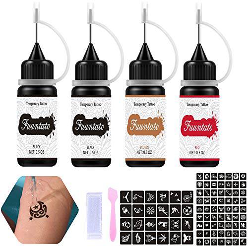 FUUNTATO Temporary Tattoos Kit, Permanent Tattoo Freehand Gel/Ink 80 PCS Free Stencils,DIY Tattoos, Full Kit 4 Bottles