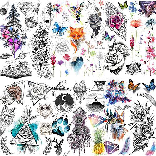 Yezunir 6 Sheets Watercolor Flower Temporary Tattoos For Women Girls Small Lavender Sweetpea Diamond Glitter Face Fake Tattoos Temporary Women Rose Floral Geometric Butterfly Feather Birds Tatoos Set