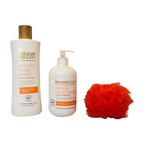 Raw Sugar Hand & Body Wash Bundle: Raw Coconut + Mango - 1 Body Wash (25 oz.) + 1 Hand soap + (16.9 oz) + Color coordinated Loofah