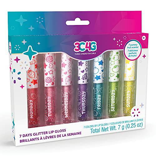 Three Cheers for Girls by Make It Real - 7 Days Glitter Lip Gloss - Flavored Lip Gloss Set for Girls - Strawberry, Raspberry, Vanilla and More - 7 Piece Lip Gloss Kit