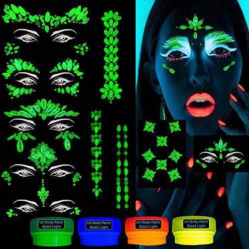 Meredmore10sets Glow in the Dark Face Jewels Noctilucent mermaid Face Gems Body Stickers and Luminous hair gems stickers+4pack blacknight uv body paints glow makeup face tattoos body jewelry pasties for rave accessories Halloween