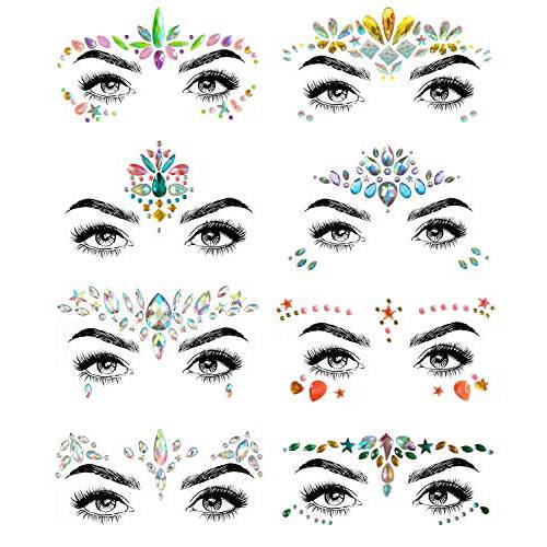SHINEYES 8 PCS Mermaid Face Gems Glitter,Rhinestone Rave Festival Face Stickers Jewels, Crystals Face Stickers for Eyes Face Body Temporary Tattoos
