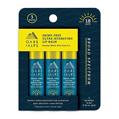 Oars + Alps Shine Free Lip Balm and SPF 18 Sunscreen, Lip Care with Sunny Mint Scent, Water and Sweat Resistant, Reef Safe, 0.15 Oz Each, 3 Pack