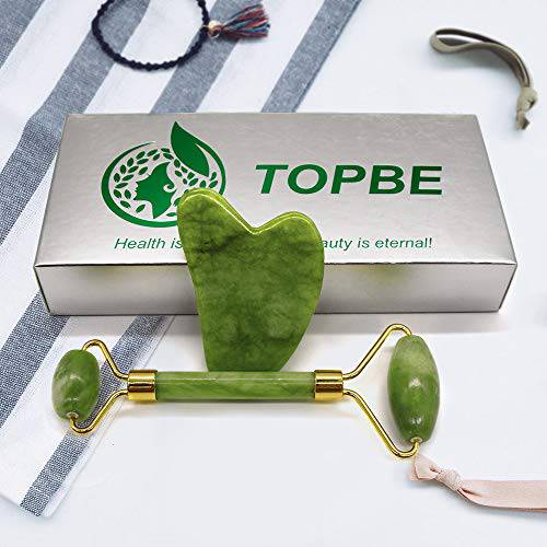 TOPBE Jade Roller & Gua Sha Scraper For Face，Facial Beauty Roller Skin Care Tools, Green Massager for Face, Eyes, Neck, Body Muscle Relaxing and Relieve Fine Lines and Wrinkles