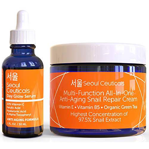 Korean Skin Care Set - Potent Vitamin C Serum with Korean Snail Repair Cream - The Most Potent Duo For Providing You With That Bright, Youthful Glow. Your Natural & Organic Korean Beauty Routine