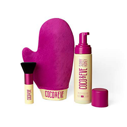 Coco & Eve Sunny Honey Bali Bronzing Bundle (Ultra Dark). All Natural Sunless Tanning Mousse. Instant Self Tanning Lotion with Bronzer, Mitt Applicator and Kabuki Brush.