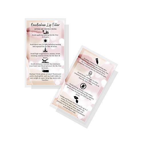 Needleless Lip Filler Aftercare Instructions Card | 50 Pack | Physical Printed 2x3.5” inches Business Card Size | Needlesless Lip Filler Pink with Photo Design