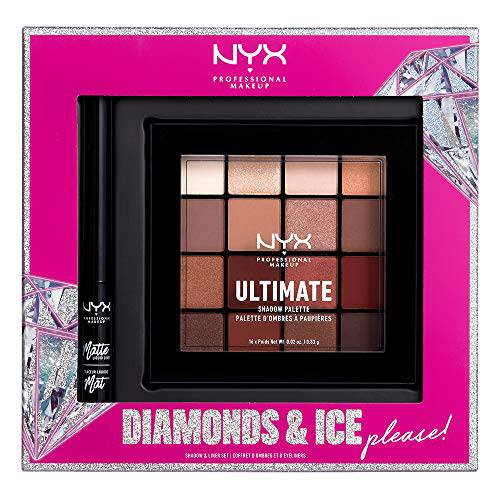 NYX PROFESSIONAL MAKEUP Gift Set, Diamonds & Ice Shadow And Liner Set - Matte Liquid Eyeliner + Ultimate Shadow Palette - Warm Neutrals
