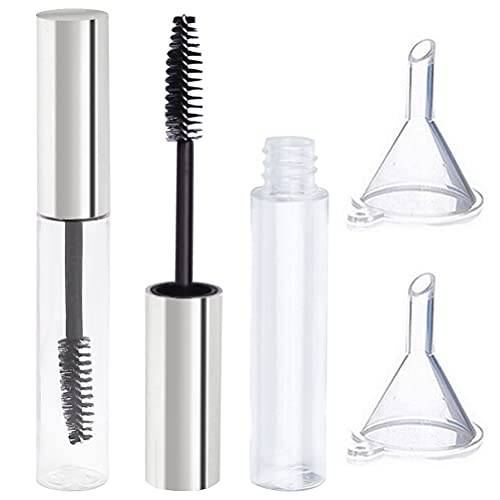 2Pcs 10ml Empty Mascara Tube with Eyelash Wand,Silver Eyelash Cream Container Bottle with Funnels Transfer Pipettes for Applying Castor Oil and DIY Cosmetics