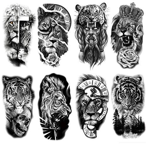 Oottati 8 Sheets Forest Lion Jesus Tiger Cross Skull Rose Crown Old School Arm Leg Temporary Tattoo