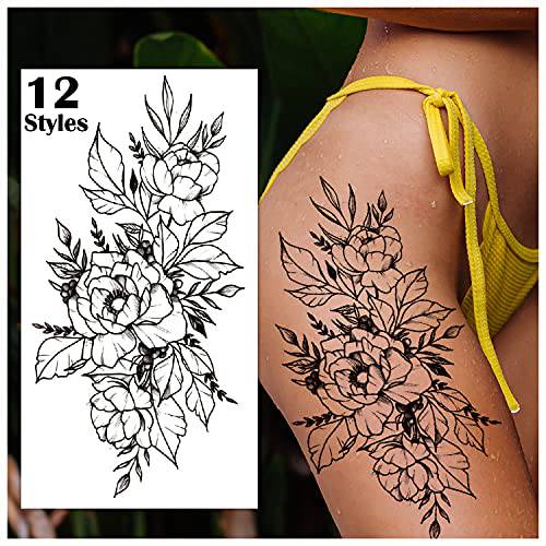 Cerlaza Temporary Tattoos for Women, Henna Fake Flower Tattoos Stickers for Adults, Semi Permanent Half Sleeve Tattoos Body Leg Makeup Waterproof, Flower Tatuajes Temporales-12 Sheets