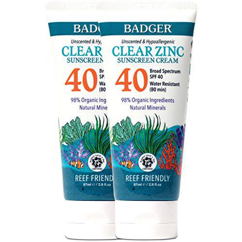 Badger SPF 40 Sport Mineral Sunscreen Cream (2 Pack) - Reef-Friendly Broad-Spectrum Water-Resistant Sport Sunscreen with Zinc Oxide - Unscented, 2.9 oz