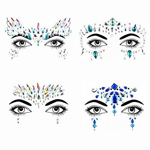 Bowitzki Halloween Face Jewels Festival Design Women Mermaid Face Gems Rhinestone Crystals Stickers Eyes Body Temporary Tattoos (4 Sets Design-A)
