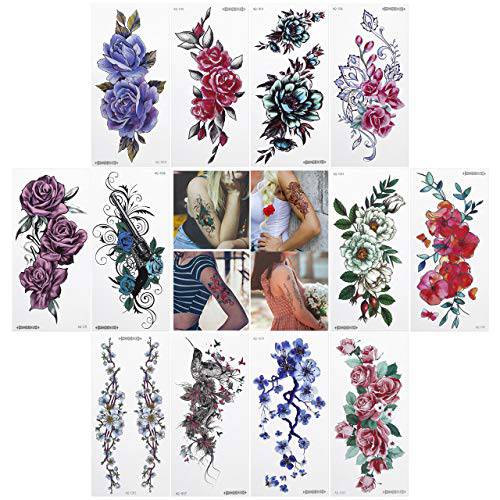 Wismee 12 Sheets Large Flower Temporary Tattoo Kit With Tattoo Removal Wipes Waterproof Sexy Fake Tattoo Sticker Set for Women Girls Arms Back Shoulders Legs Body Art
