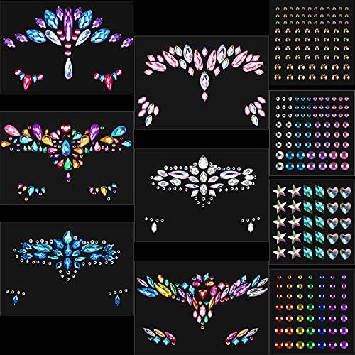 10 Sheets Face Gems Facial Rhinestones Mermaid Jewels Rave Eyes Face Body Temporary Tattoos Stickers Glitter Crystal Tears Gem Stones Stickers for Festival Party(Chic Style)