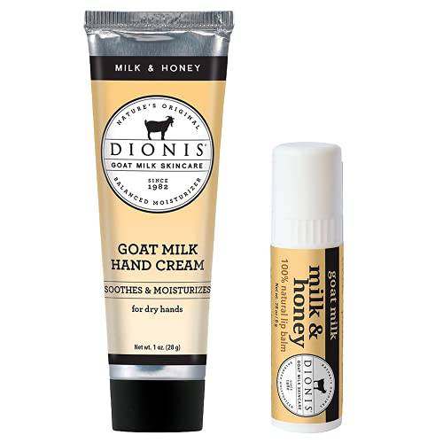 Dionis - Goat Milk Skincare Milk & Honey Scented Hand Cream & Lip Balm Set (1 oz and .28 oz) - Made in the USA - Cruelty-free and Paraben-free
