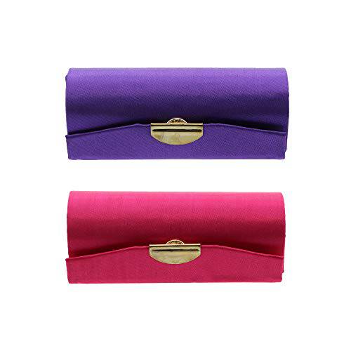 Solid Satin Ladies Lipstick Case With Mirror Purse Holder Set of 2 (Purple/Hot Pink)