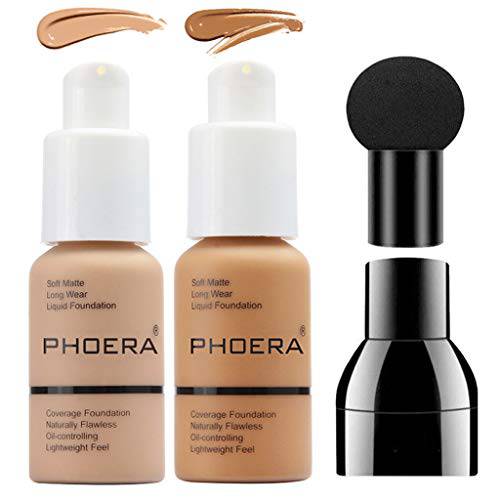 Firsyfly Makeup Foundation, Matte Oil Control Concealer Foundation Cream, Long Lasting Waterproof Matte Liquid Foundation with Mushroom Head (102&104)