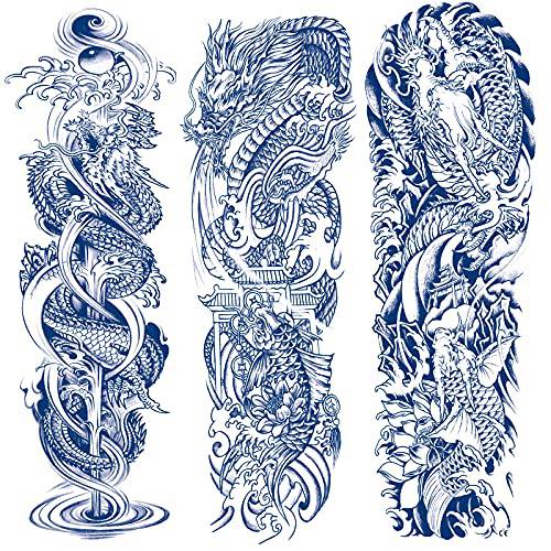 Semi Permanent Tattoos Sleeve, 3-Sheet Dragon Full Arm Sleeve Temporary Tattoo Stickers,100% Plant-Based Ink Fake Sleeve Tattoos
