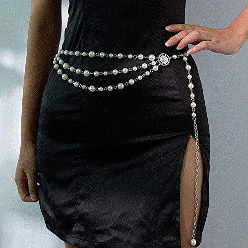 Xerling Pearl Waist Chain Multilayered Coin Pearl Chain Belly Chain for Women Girls Dress Decoration Bohemian Body Chain Waist Belt