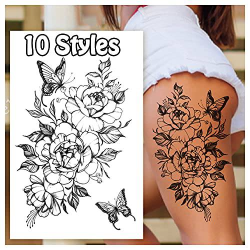 Cerlaza Temporary Tattoos for Women Adults, Butterfly Flower Stickers Fake Semi Permanent Long Lasting Tattoos, Body Leg Makeup Waterproof Realistic Henna Tattoos Kit-45 Styles on 10 Sheets