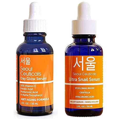 Korean Skin Care Serum Set - Contains Potent Vitamin C Daytime Serum PLUS Korean Snail Nighttime Serum With Hyaluronic Acid & Centella Asiatica - Proven to Give You That Healthy, Youthful Glow