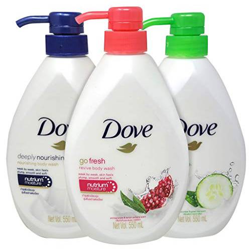 Dove Body Wash Variety Pack Set of 3, Deeply Nourishing, Refreshing Cucumber, Exfoliating Scent, 550 ml Pump Bottle