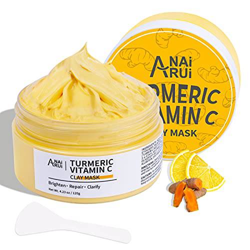ANAIRUI Turmeric Vitamin C Clay Mask for Dark Spots, Vitamin C Clay Facial Mask for Blackheads, Pores, Wrinkles, Fine Lines, Hydrating, Clarifying, Cleansing Skincare Mask, 4.23 OZ