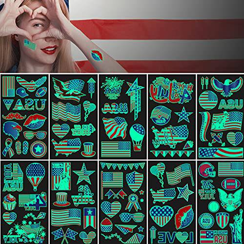 YYSS Luminous Tattoos Patriotic USA Flag Temporary Tattoos Waterproof Red Blue Tattoo Sticker Glow in the Dark USA Party Favors Decoretions Accessories for Labor Day(10 Sheets)