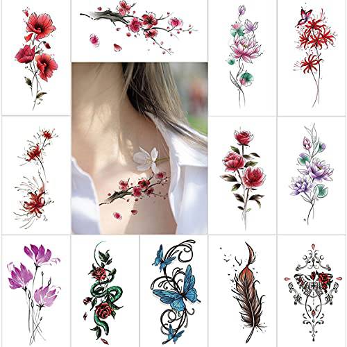 12 Sheets Big Flower Butterfly Temporary Tattoos for Women Teen Girls, Sexy Watercolor Sketch Fake Body Art Stickers Arm Shoulder Lower Back Leg Décor