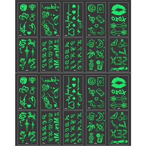 ELANE 20 Sheets Glow In Dark Temporary Tattoo Stickers Body Art Makeup Fake Tattoo Removable Body Sticker,Hand Neck Wrist,Art Fashion for Music Festival,Nightclub,Concert,Party and Bar