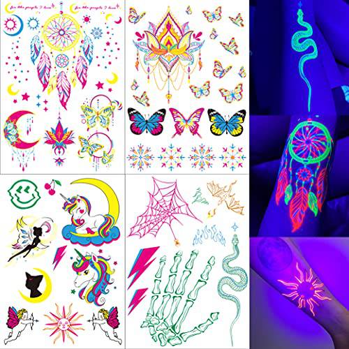 4 Sheet Neon Temporary Tattoo , UV Glow in the Dark Women Fake Tattoo Stickers, Festival Accessories for Rave Parties EDM EDC
