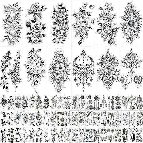 72 Sheets Large Flowers Temporary Tattoos Stickers for Women, Waterproof Fake Tattoos Body Art Arm Sketch Tattoo Stickers for Women